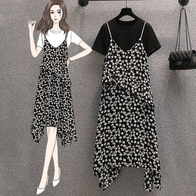 法式吊带连衣裙女夏2021新款胖妹妹大码时尚显瘦洋气T恤两件套装代|ru