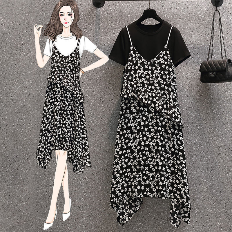 法式吊带连衣裙女夏2021新款胖妹妹大码时尚显瘦洋气T恤两件套装代|ru