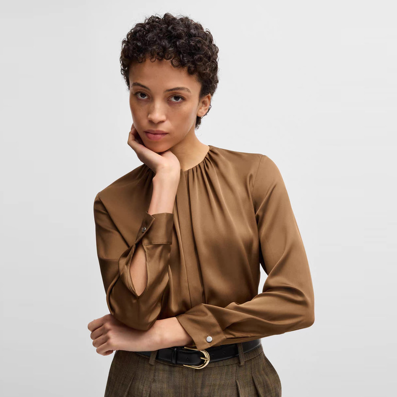 Yuan Quan's Same Style·Heavyweight Silk Double Georgette Satin, Drapey Silky Stretch Satin, Classic Round-Neck Long-Sleeve Shirt