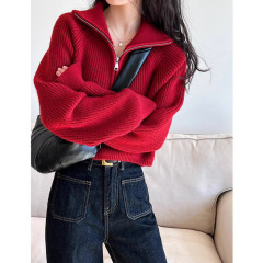 半拉链立领红色毛衣女秋冬2025新款韩版宽松慵懒风针织衫翻领上衣