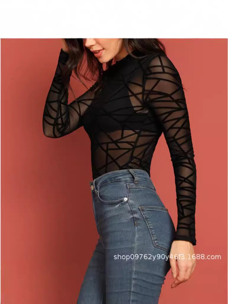 2024 new European and American hot girl mesh flocking tight mesh top