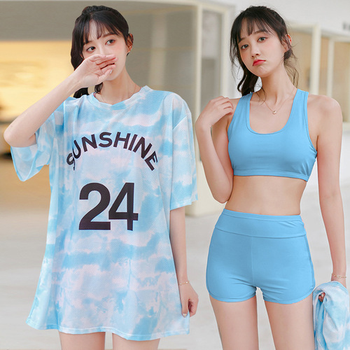 Women's 3-Piece Swim Set Fashion Sport Separate Long Sleeve Cover-Up Sun Protective Skirt Style Abdominal Covering Hot Spring Swimwear Wholesale