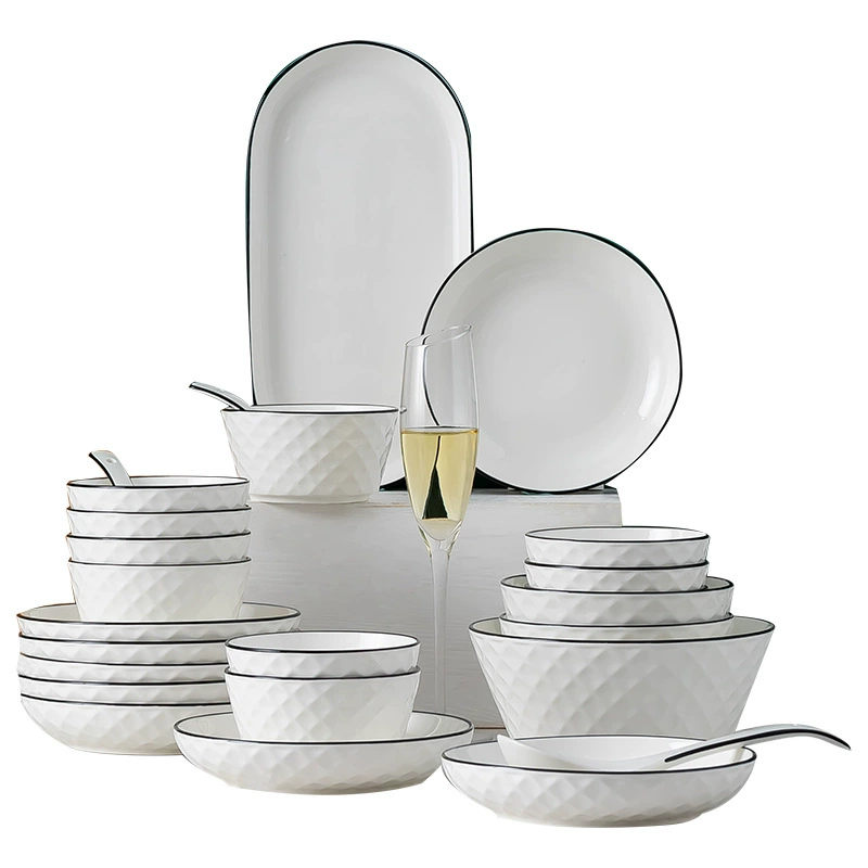 Ceramic Diamond-Pattern Soup Bowl & Dinnerware Set, White Glazed Porcelain, Multi-Piece