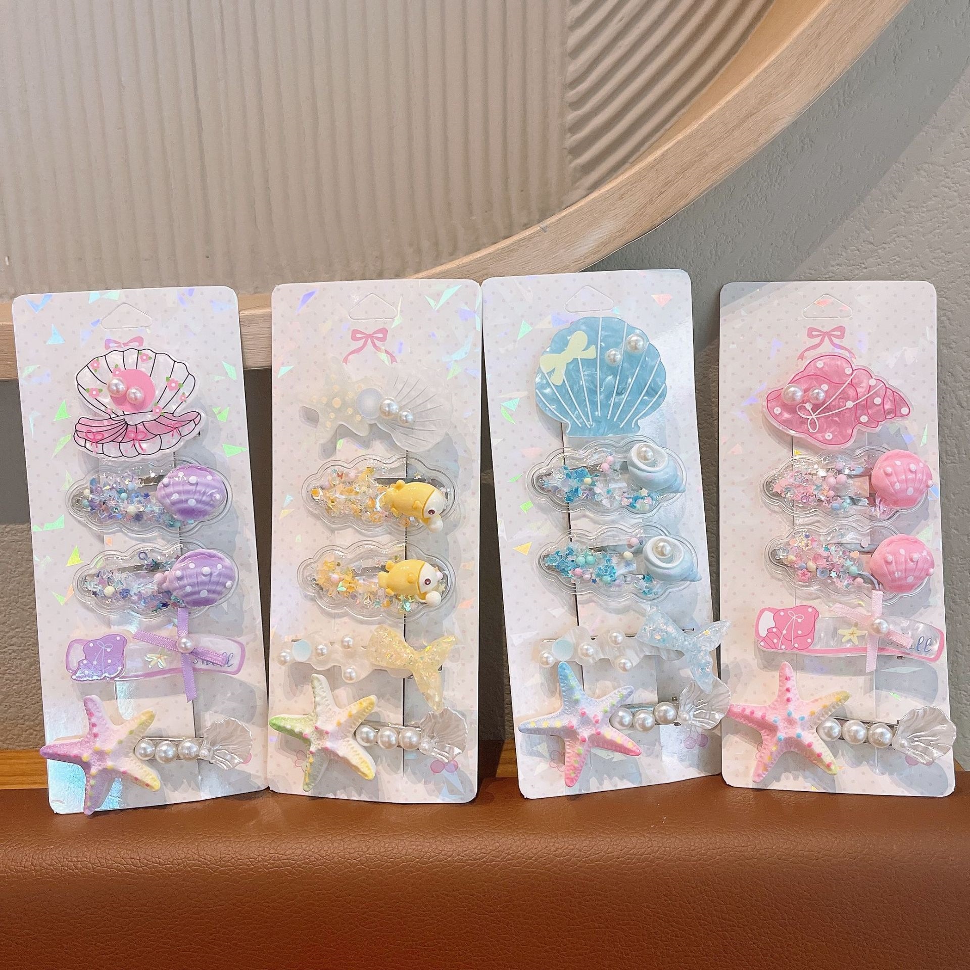 Bonitos pequeños niños frescos clip de pelo conjunto marino viento conchas estrellas perlas tarjetas de pelo princesa niñas al por mayor