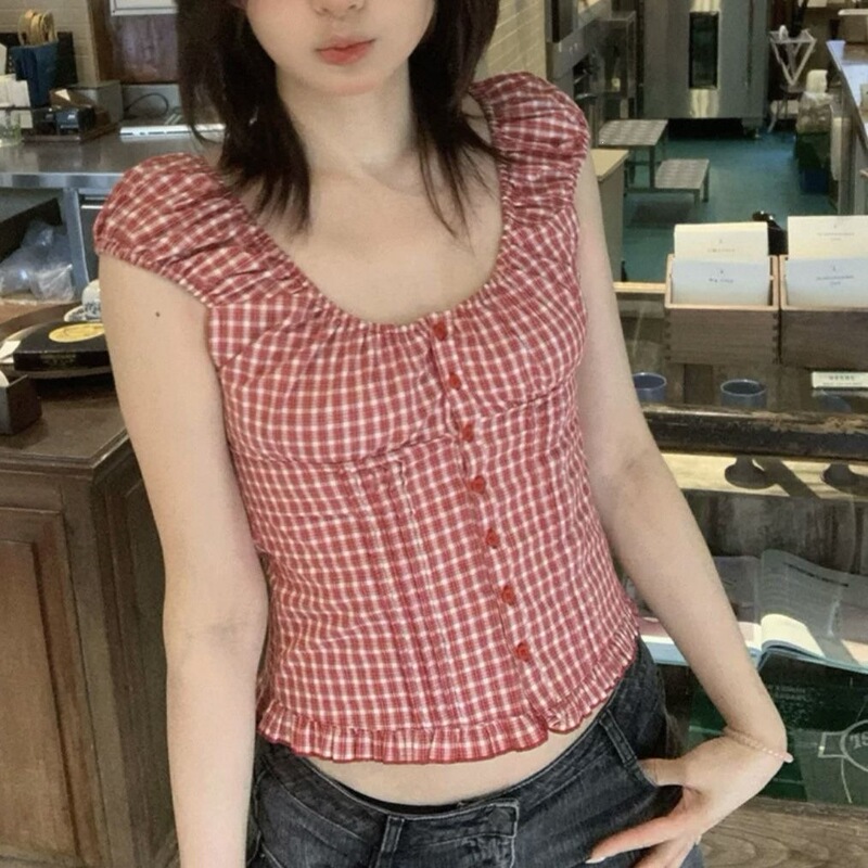 2026Ss American Retro Red and White Contrasting Plaid Versatile One-Shoulder Two-Way Wear Off-Shoulder Shirt Vest Top Unisex