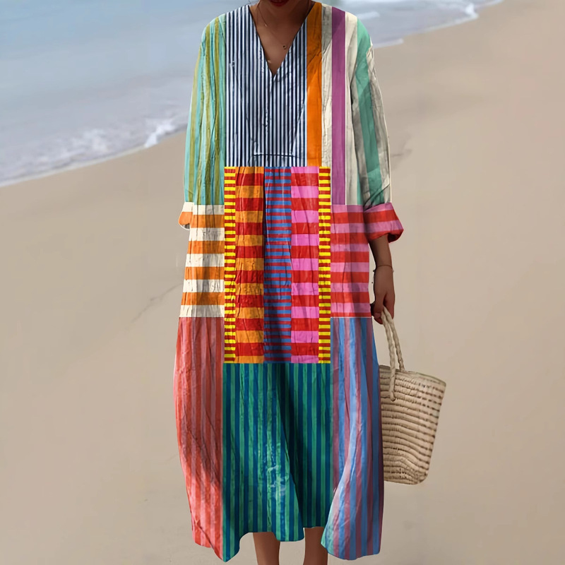 2025 Independent Station Amazon Long Sleeve Shirt Dress Women's Casual Floral 3D Printed Sleeve Long Dress