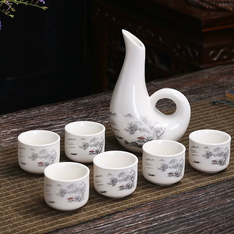 Ceramic wine set, wine decanter, shot glass, wineglass, pocket flask, 9 pieces