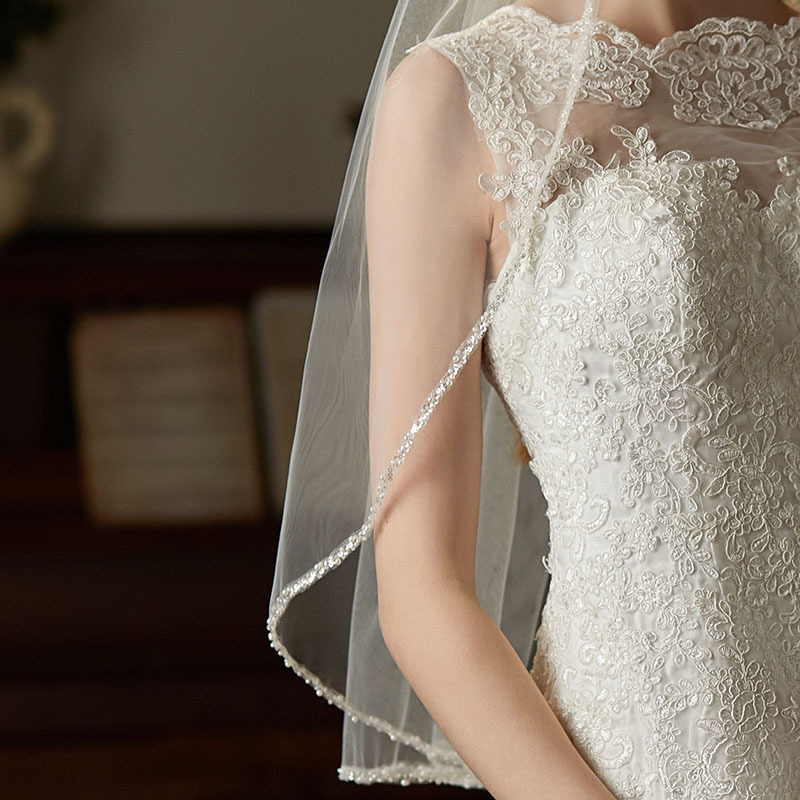 Cross-border Handmade Exquisite Sewn Beads Metal Hair Comb Veil Medium And Long Bride License Brigade Photo Wedding Hair Comb Veil_voghion.com