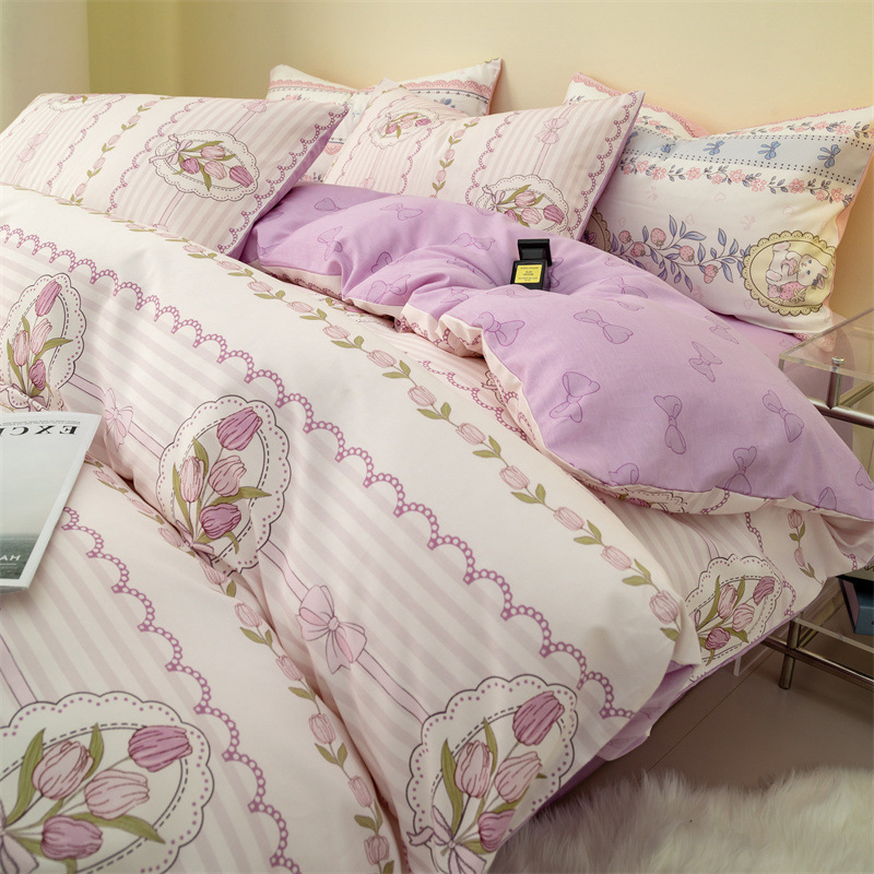 Cama de algodón de dibujos animados de cuatro piezas 100 algodón desnudo edredón sábana dormitorio de verano ropa de cama de tres piezas 4