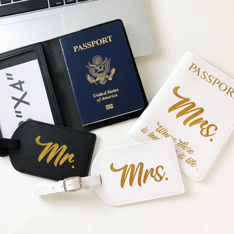 Wholesale cross-border PU leather black and white couple travel document bag Mr Mrs passport holder luggage tag set