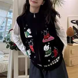 秋冬新款女装卡通刺绣拉链针织马甲女韩版宽松百搭可爱毛衣背心潮
