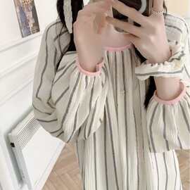 韩国ins女士新品早春韩版睡裙条纹柔软舒服长袖睡衣家居服批发女