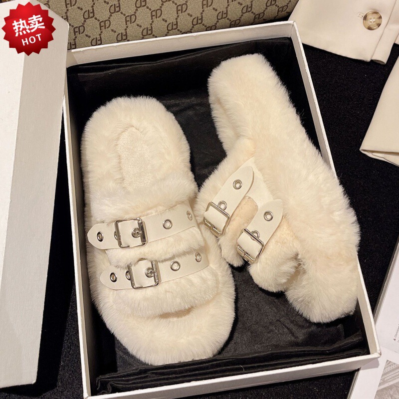 Plus Size Furry Slippers for Women 2023 New Fashion Belt Buckle Thick Bottom Plush Home Outer Wear Cotton Slippers Wholesale