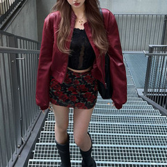 潮酷安可拉红pu皮衣外套女秋季2025新款复古机车宽松夹克美式上衣