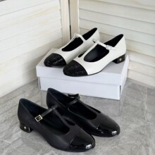 拼色TB小香风女鞋百搭粗跟鞋玛丽珍中跟浅口瓢鞋法式T字带公主鞋6