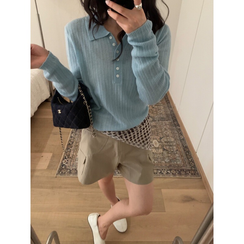 Musi 100% wool Miu-style sweater polo collar knitwear autumn and winter Korean style long-sleeve wool sweater M7344 Musi 100% wool Miu-style sweater polo collar knitwear autumn and winter Korean style long-sleeve wool sweater M7344