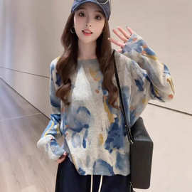 巨好看的早秋圆领毛衣水墨画晕染针织衫女2025新款温柔风绝美上衣