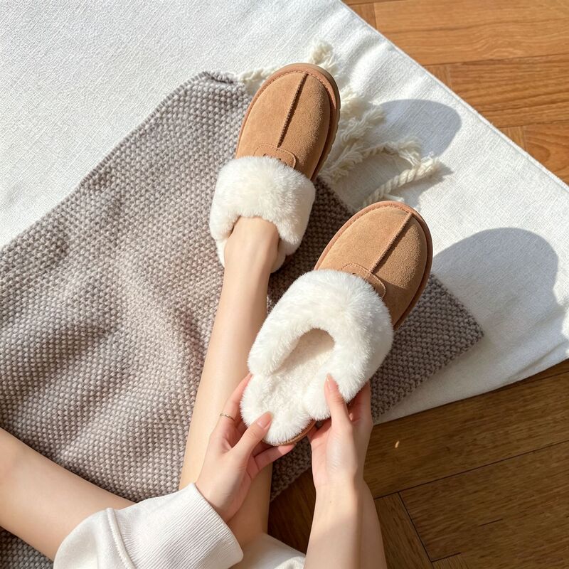 Winter 5125 Home Slippers Yoon Song-Yi Style Closed-Toe Slippers with Integrated Leather and Fur Snow Boots for Women and Couples, Large Size Cotton Shoes for Cross-Border Sales