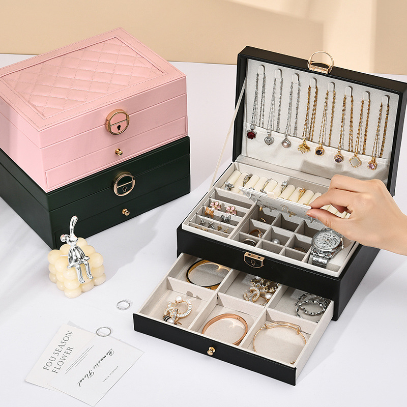 新款双层菱格纹抽屉式饰品收纳盒pu皮首饰盒黄金珠宝盒项链收纳盒