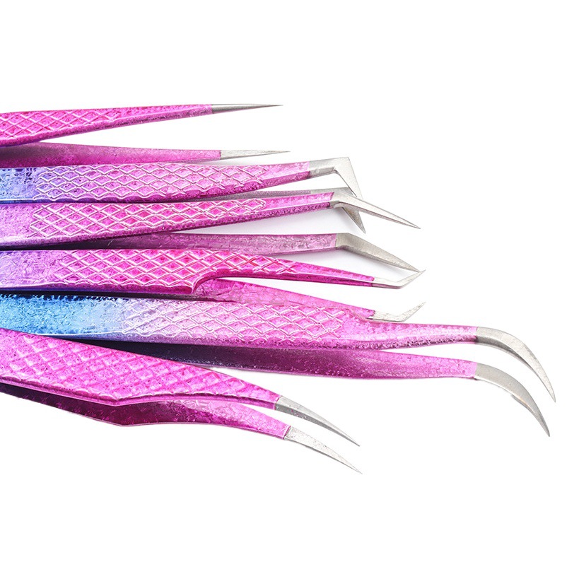 Wholesale Grafted Eyelashes, Fake Auxiliary Color Tweezers, Stainless Steel Ice Flower Style Red and Blue Gradient Eyelash Beauty Tools
