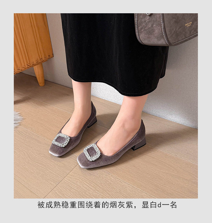 Giày bệt nữ mũi vuông khóa cài đính đá, cổ thấp, đế bằng, giày công sở — màu xám, màu đen chi tiết 11
