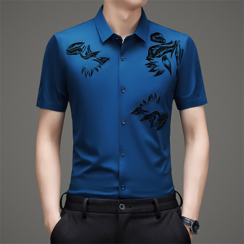 Summer Men's Traceless Short-sleeved Shirt Fashion Embossed Chinese Style Loose Shirt Men's Support for Various Platforms