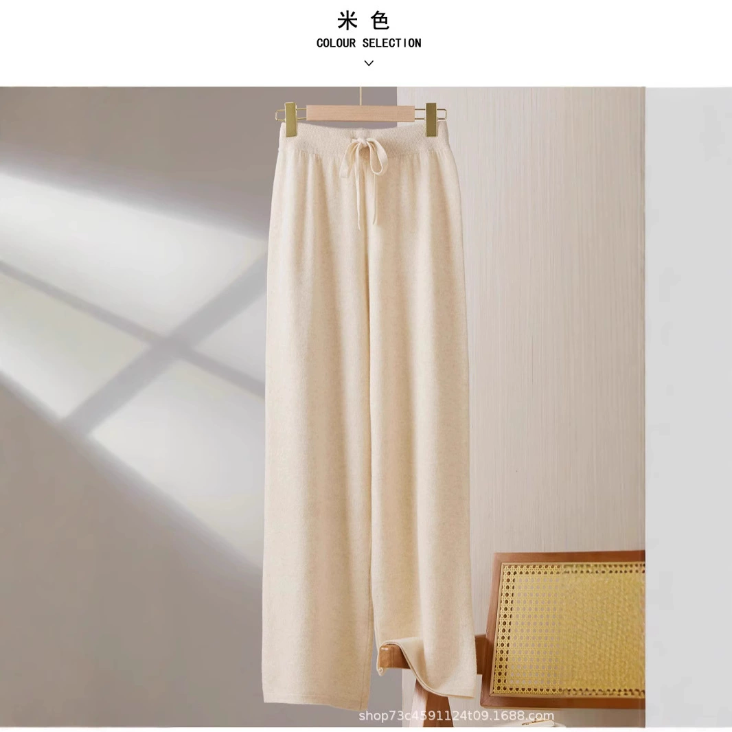 Осенние и зимние новые чистые шерстяные трикотажные широкие брюки женские толстые повседневные штаны для швабры с высокой талией кашемир снаружи носить прямые брюки