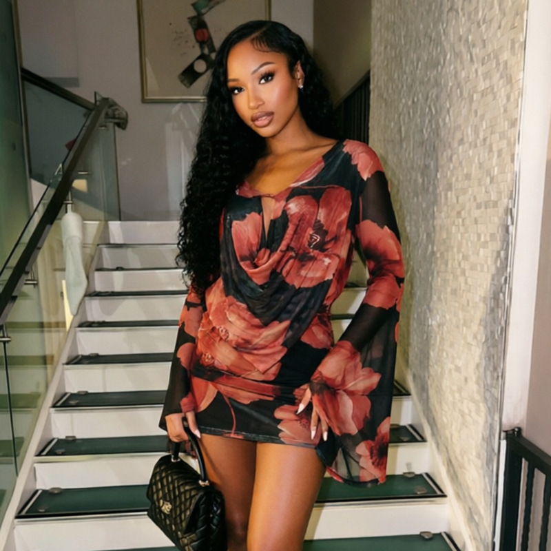 J26DS329 European and American women's fashion autumn new mesh floral pattern bell sleeve mini backless strap dress
