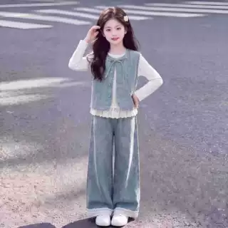 女童套装秋装2026新款洋气儿童牛仔马甲阔腿裤中大童春秋款三件套