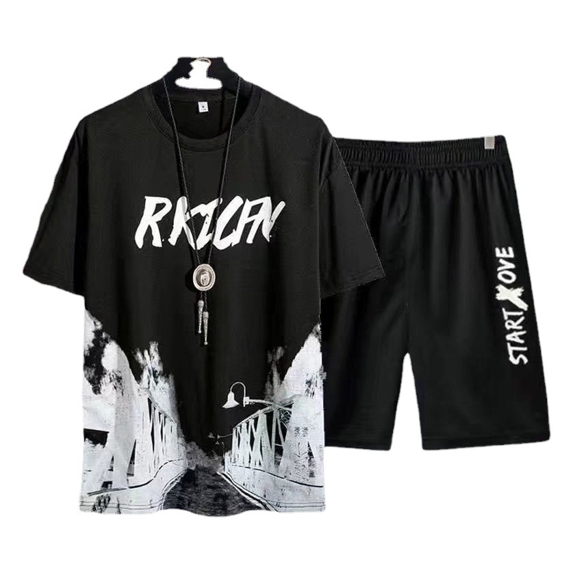 Camisa de manga corta pantalones cortos traje de estilo coreano más tamaño moda de tinta de moda pintura estilo nacional personalizado Comercio exterior Suministro Superior