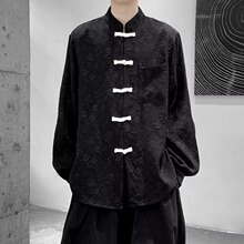 新中式男装衬衫中国风大码长袖改良汉服立领提花浮雕刺绣盘扣外套