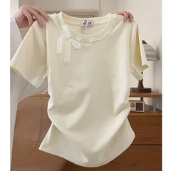 プラスサイズファットmmフレンチスタイルリボン右肩半袖Tシャツレディース夏デザインビーズシックトップアプリコット