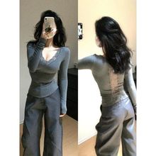 美式V领性感辣妹蕾丝长袖内搭打底衫t恤女秋冬纯欲修身高级感上衣