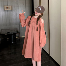 实拍时髦桔粉肩袖镂空连衣裙2024新款法式小心机减龄中长款A字裙
