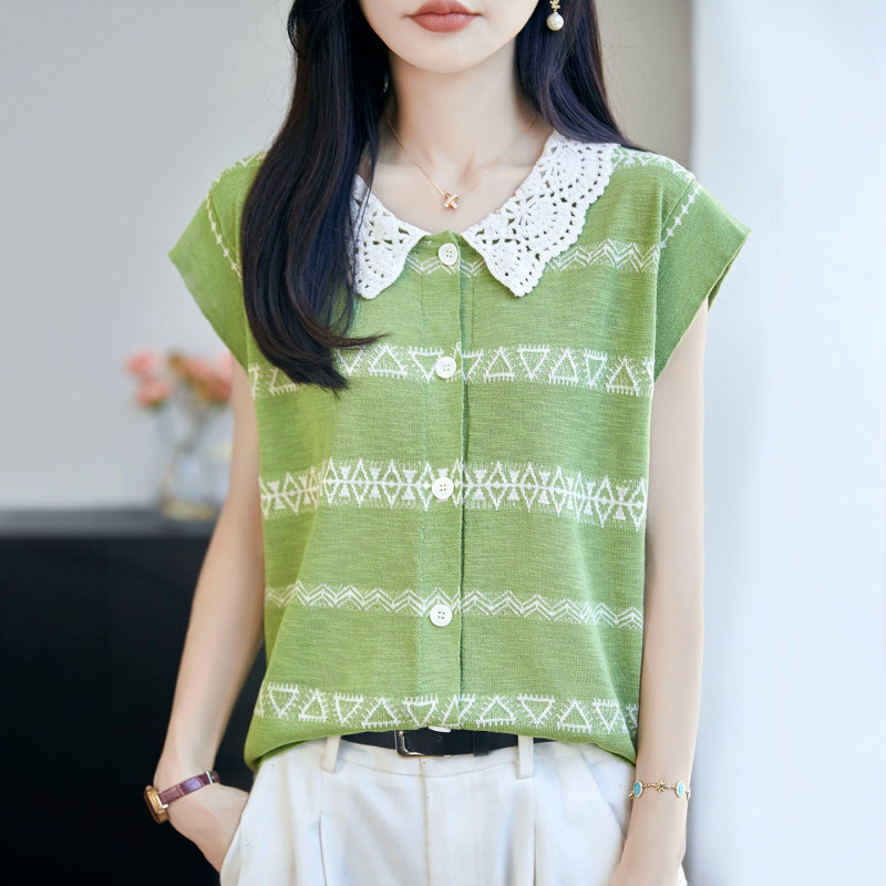 Retro Color-Blocking Versatile Knit Short-Sleeve Cardigan for Women, New 26 Polo Collar Half-Sleeve T-Shirt, Ultra-Light Breathable Sleeveless Top Retro Color-Blocking Versatile Knit Short-Sleeve Cardigan for Women, New 26 Polo Collar Half-Sleeve T-Shirt, Ultra-Light Breathable Sleeveless Top