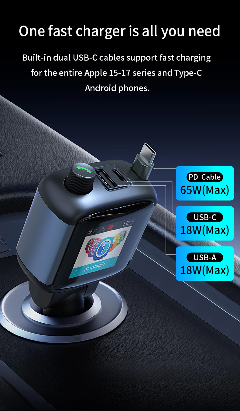 Car-mounted color display screen Bluetooth FM transmitter hands-free calling PD65W fast charging charger MP3 player