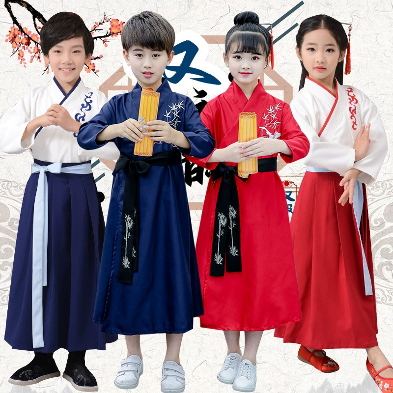 Детские древние костюмы Костюмы для выступлений Hanfu Церемония написания мальчиков Одежда Guoxue для девочек Учащиеся начальной школы Читают книгу Детские костюмы для выступлений