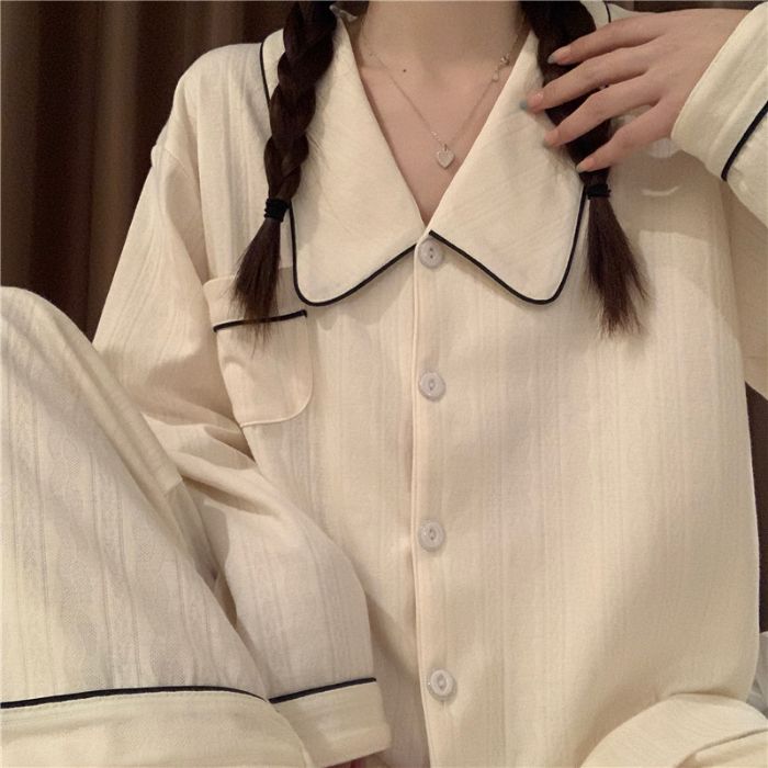 Al por mayor transfronterizo primavera y otoño nuevo pijama cardigans cuello grande pantalones de manga larga jacquard algodón sólido comercio exterior