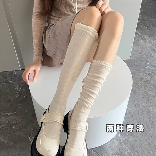 Ankle socks for women, spring and autumn, thin, high-quality, bubble mouth splicing socks, Japanese style, off-white, long tube socks, pile socks 