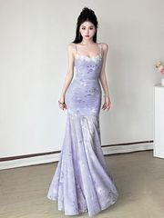 洋气蕾丝拼接吊带连衣裙女夏季2025新款收腰减龄印花网纱鱼尾长裙