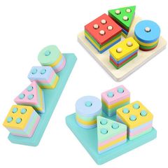 子供の益智の木製の4セットの柱のおもちゃの早教の知恵のセットの柱の知力の幾何学の形の認知の対の積み木