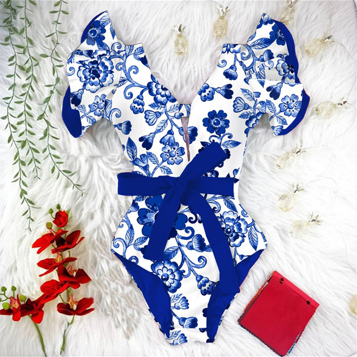 315g Weight Short Sleeve Sleeve Length Polyester Fabric Type Short Top Length One-pieces Tops Type 1 Piece Quantity Swimming Occasion V Neck Neckline Slim Fit Type Printing Pattern Women's Gender Vacation Style Women's Vacation Printing 1 Piece One Piece Swimwear 2