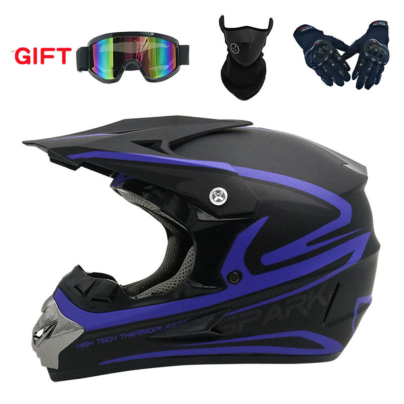 Off-Road Mountain Motorcycle, Motuoche Motosiklet kaskı (dəbilqə) - matte-blue-fleet-goggles-mask-black-gloves-s