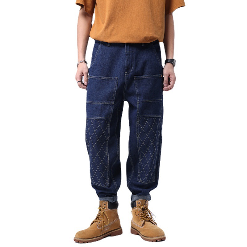 Jeans de travail d'été, pantalons longs lavés amples à tube droit pour hommes, pantalons décontractés suspendus à lisier original de marque cool et élégant dans la rue_voghion.com