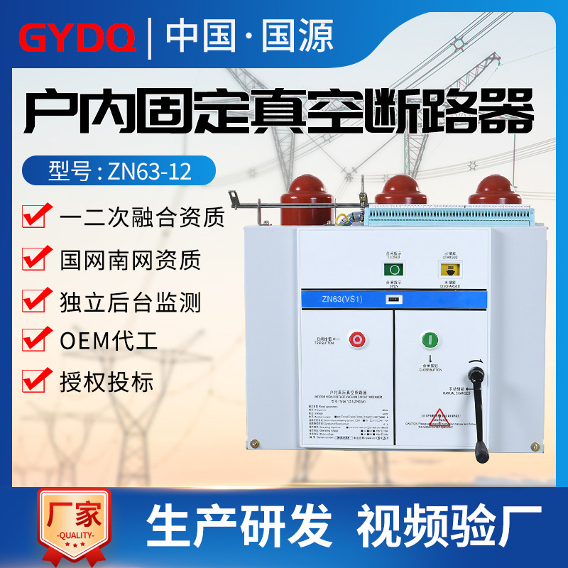 国源户内高压真空断路器(VS1)ZN63-12/630A固定式10KV断路器开关