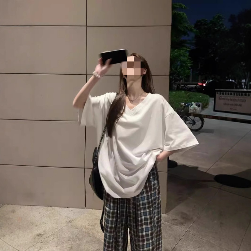 plus size Women's White Lazy Style T-shirt Women's Summer chubby girl Loose Belly Covering V-neck Short-sleeved Top Casual T-shirt