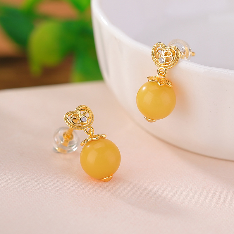 Bông tai bạc S925 mạ vàng hạt trái tim rỗng phong cách retro — Mẫu sáp ong