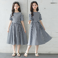 新款格子露肩連衣裙童裝女童短袖連衣裙夏款裙韓版兒童連衣裙