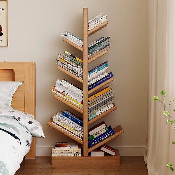 全实木橡胶木树形书架落地置物架一体靠墙客厅创意不占地方的书柜