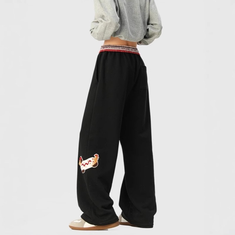 Pantalones deportivos con bordado flocado de perro salchicha para hombre 2025 nuevo estilo de diseño americano con costuras de cintura pantalones casuales rectos